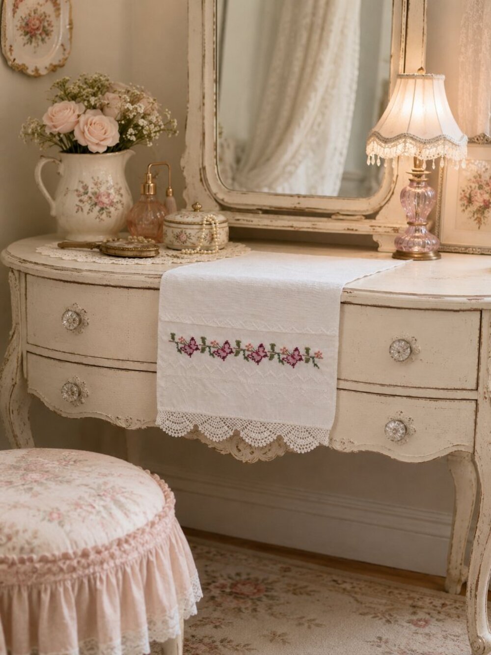 Vintage Linen Vanity Runner Hand Embroidered Pink Florals Crochet Lace Trim‎